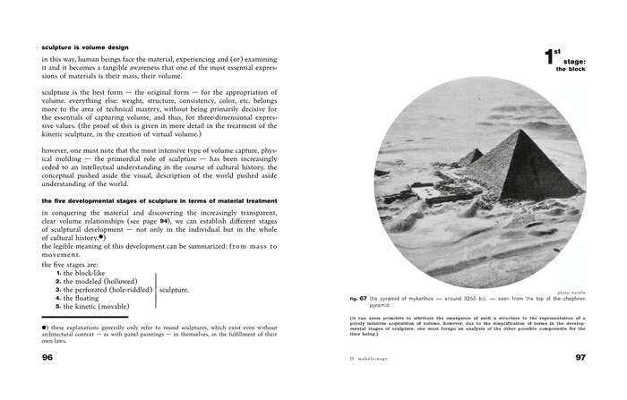 Pages 96–97 from From Material to Architecture feat.  and . The caption on the right is set in a digitization of , with the paragraph below in .