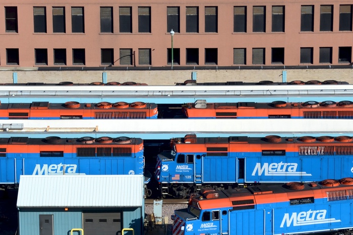 Metra trains as seen from the green roof of CTA headquarters, 2011
