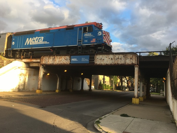 Metra train crossing defunct Hermosa station, Chicago, IL (2017)