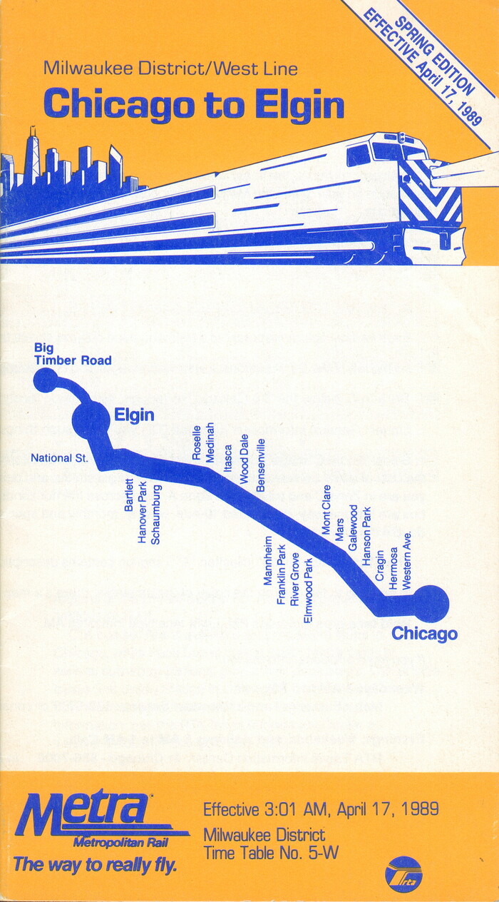 Metra time table for Chicago to Elgin, Milwaukee District/West Line, April 17, 1989