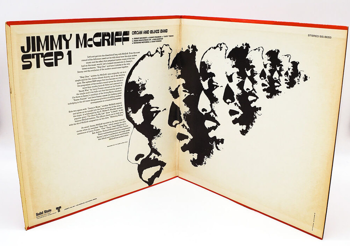 Liner notes on the gatefold are set in what looks like , wrapped around a repeating halftone portrait.