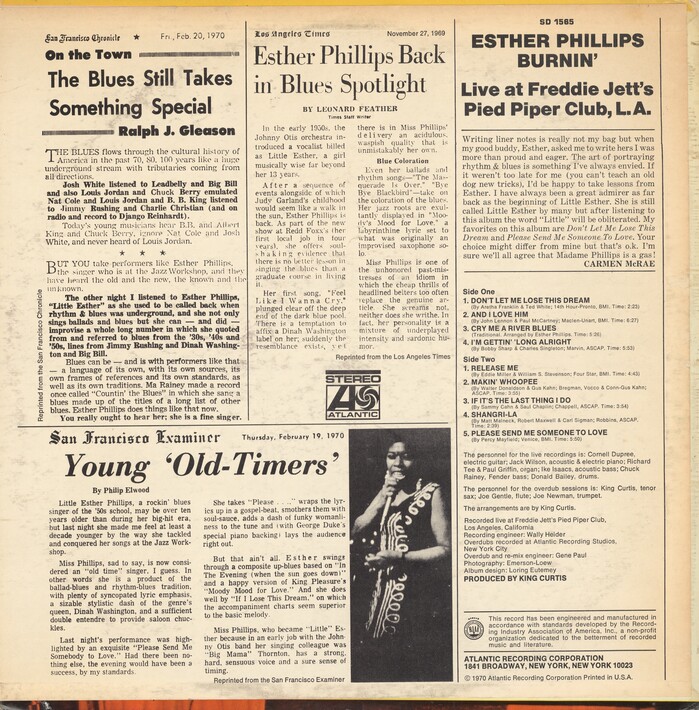 The back cover pairs  and  for liner notes (by Carmen McRae), track list, and credits. The reprinted newspaper clippings feature a number of additional typefaces including  and .