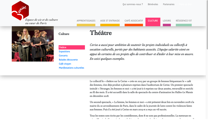 The menu uses color-coded tabs for the six categories of the website – culture is pink and includes information about theater, exhibitions, concerts, and more.