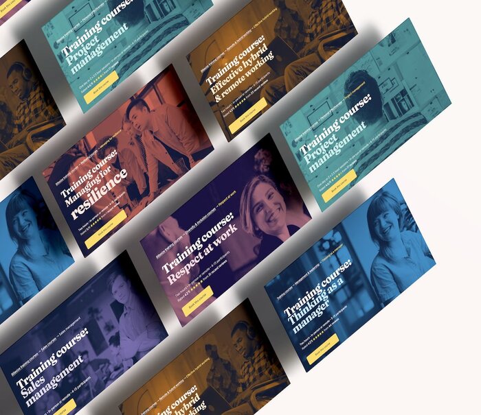 Each course has a hero banner, duotoned in their category colour – for example the project management training course is in lagoon / sea-green, as it's part of the effectiveness category.