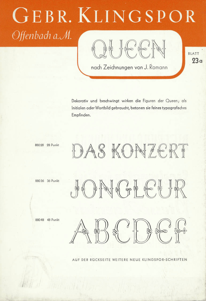 Gebr. Klingspor’s specimen card for Queen includes the sample text “Das Konzert” – “The concert”.