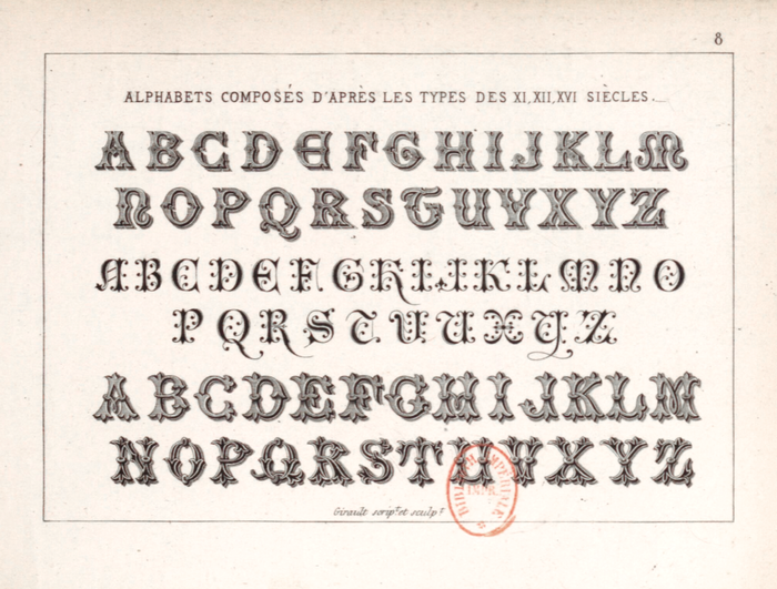 The version written and engraved by Jules Girault, as the third of three “alphabets composed after designs from the XI., XII., and XVI. centuries” reproduced in his Album graphique from 1867. PLINC adopted the second alphabet for phototype as .
