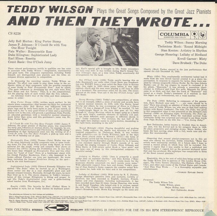 The liner notes by Charles Edward Smith are set in . “Plays the Great Songs Composed by the Great Jazz Pianists” at the top is  (a.k.a. Standard Light Condensed) which also appears on the front cover.