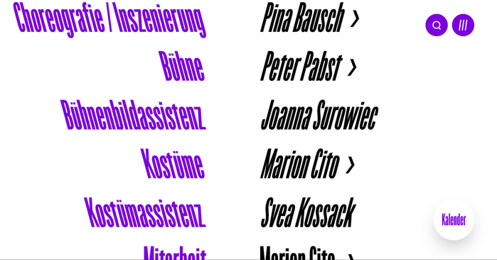 Credits from the German language version, with roles in left-leaning and names in right-leaning Origin Super Condensed
