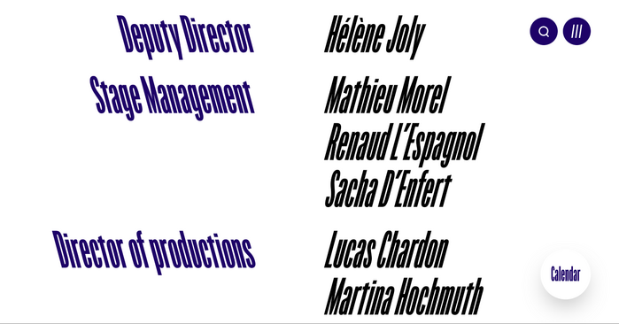 Credits from the English language version, with roles in left-leaning and names in right-leaning Origin Super Condensed