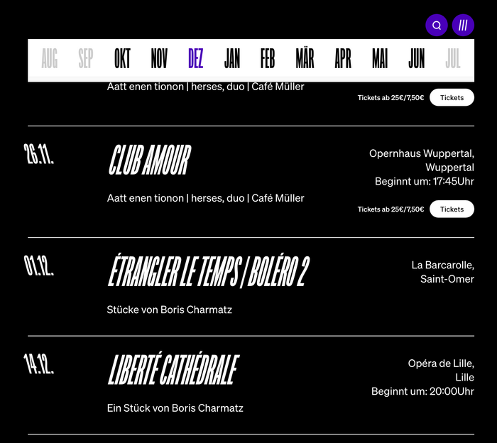 Schedule with the abbreviated months in the menu in upright Origin Super Condensed, dates in left-leaning and play names in right-leaning letters. Description, venue and date in Söhne.