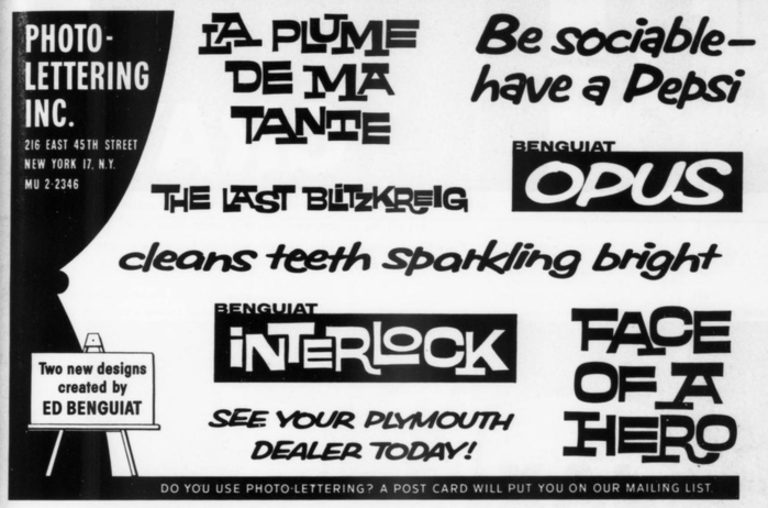 Print ad announcing Benguiat Interlock and Opus, “two new designs created by Ed Benguiat”, in Art Direction, Vol. 11, No. 3, June 1959