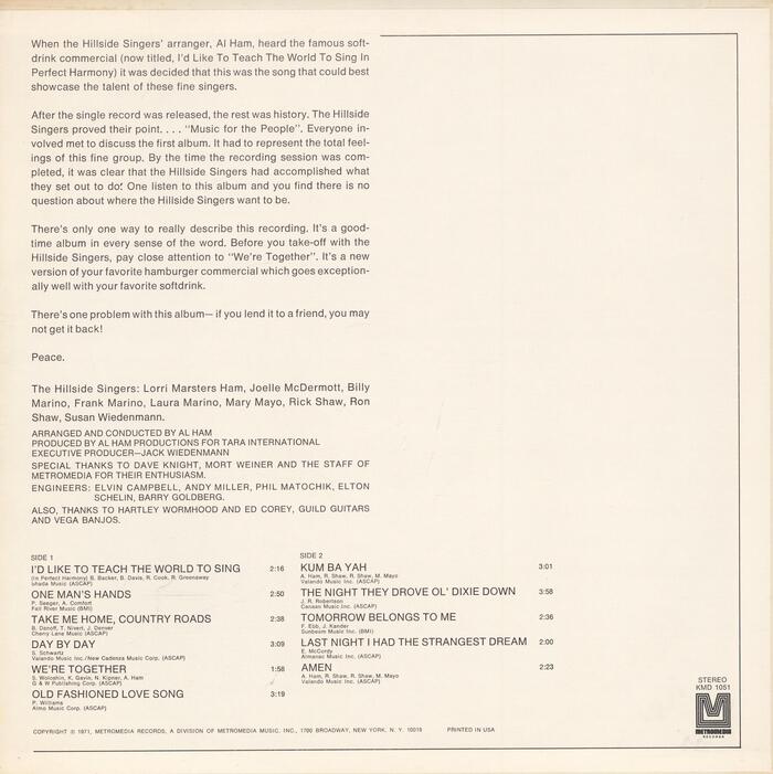 The Hillside Singers – I’d Like to Teach the World to Sing album art 2