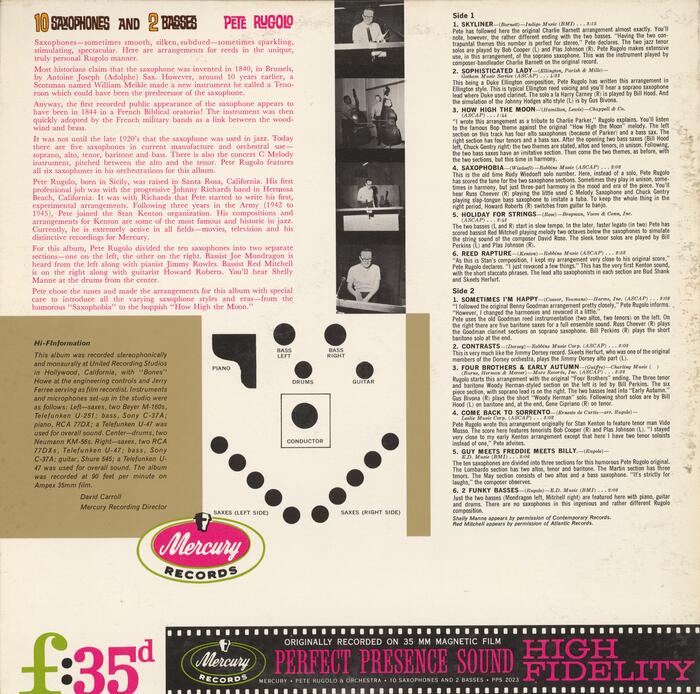 Back cover with the liner notes set in pink in some sort of . The “Hi-FInformation” is in italic , while the annotatedt track list appears to combine  and more .
