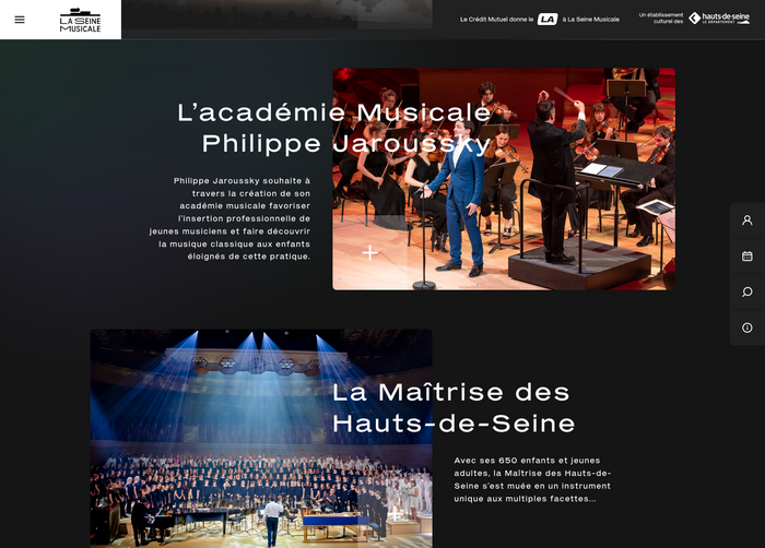 Website detail with spectacular stage photography and white-on-dark typography