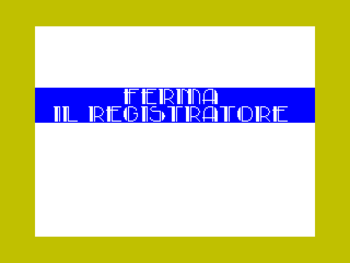 The ZX Spectrum microcomputer loaded programs from compact cassette tape, and the user had to stop the tape manually when instructed. The font here is a striped/inline Art Deco style, vaguely reminiscent of Broadway Engraved and similar, but with round-topped A and M. When running the program, the text scrolls up the screen.