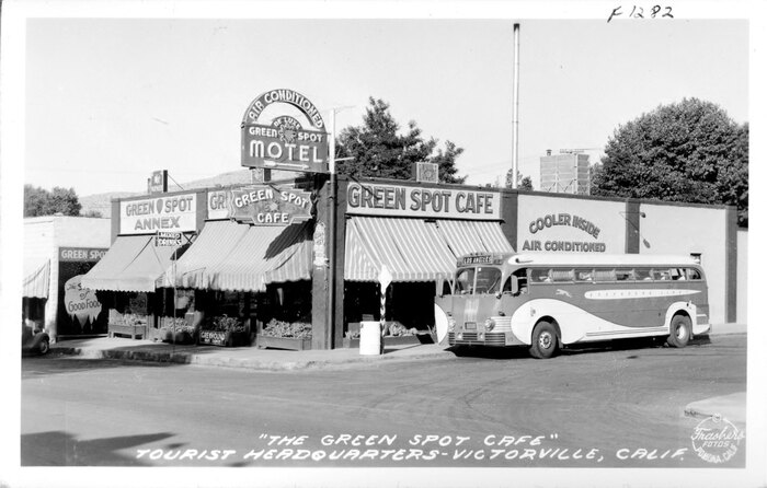 A 1939 postcard featuring the Green Spot Cafe and Annex (the hotel – which is still standing – is across the street).