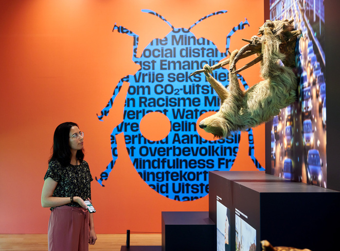 Inside the exhibition: the wall display depicts a beetle silhouette filled with buzzwords