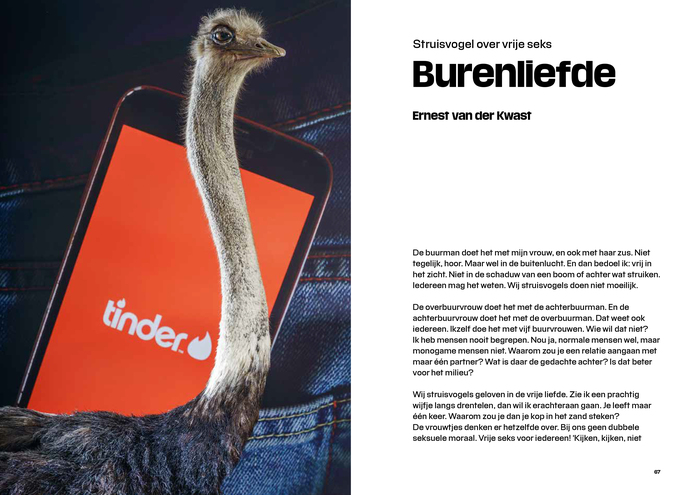 Spread from the exhibition catalog featuring an ostrich commenting on free sex, written by Ernest van der Kwast