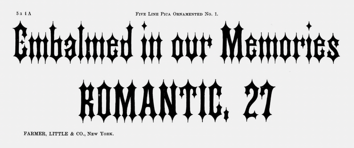 Five Line Pica Ornamented No. 1 as shown by Farmer, Little &amp; Co. in their 1867 specimen. The a in this version is pretty close to the jacket lettering; the e has a horizontal middle part. The lettering artist apparently took a shortcut and used an upside-down a.