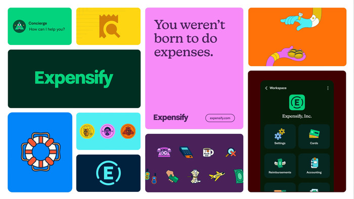 Grid showing various Expensify assets, using a variety of typefaces