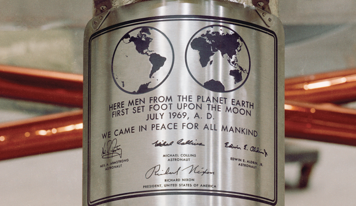 The plaque that was left on the moon, with the signatures of the three astronauts; Neil A. Armstrong, Michael Collins, and Edwin E. Aldrin Jr.; and US President Richard Nixon