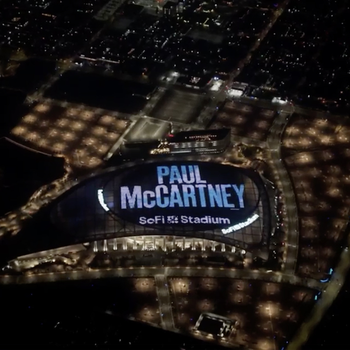 Graphic on the 26,000 pixel (individual lights) screen attached to the roof surface of the SoFi Stadium in Los Angeles