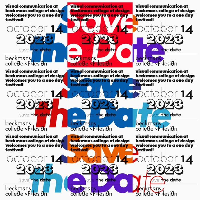 Save the date announcement, referencing famous logotypes set in Futura