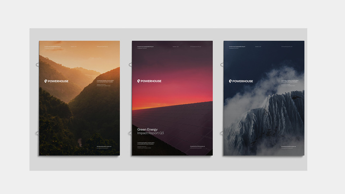 Draft for the Powerhouse Sustainability Report Q3/2023, designed by Side By Side Studio using the Pangea font family.