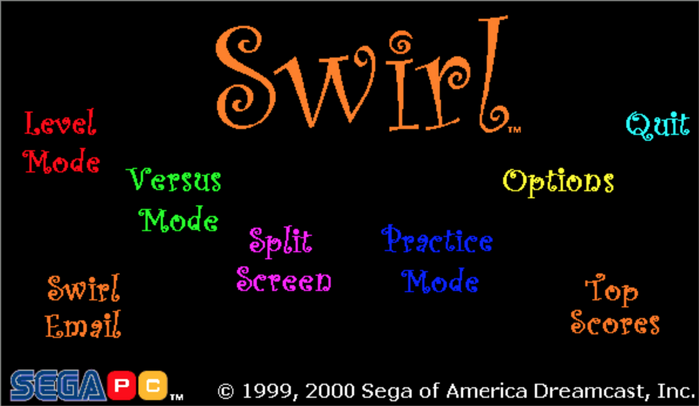 Title and main menu of Sega Swirl; screenshot from the Windows 95 version