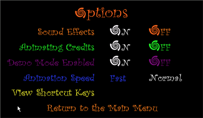 Options screen. Note the Swirl motif replacing the O (the Swirl motif is not present in the font file).