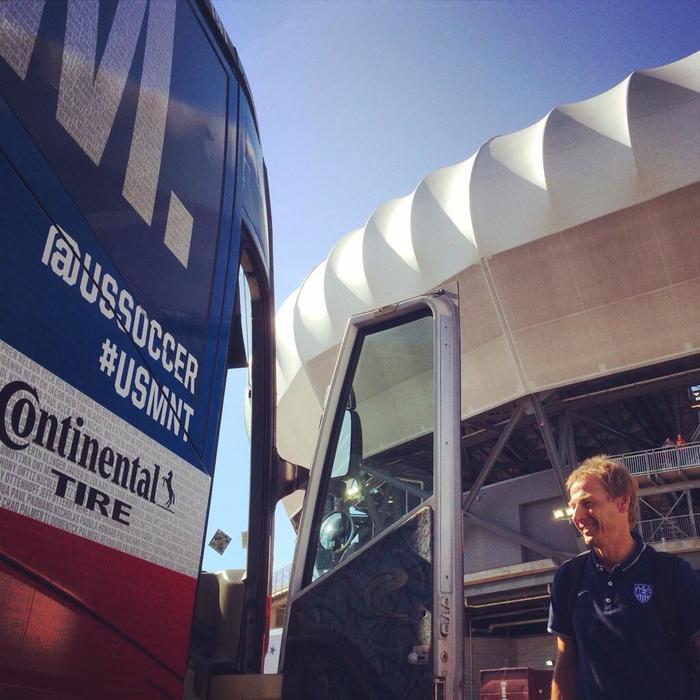 What do you think Jürgen Klinsmann is smiling about? Was it a good training that day? Was he happy to see United on the bus? Both?