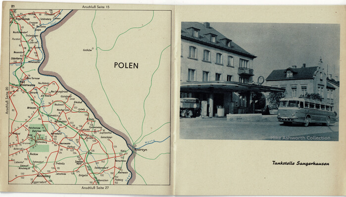 The maps show the bus and coach routes as well as the national railway system. This page also has a photograph of “Tankstelle Sangerhausen” – the petrol station at Sangerhausen – with the caption set in , a brush script by . Like Rhythmus, it originated at  in the 1930s.