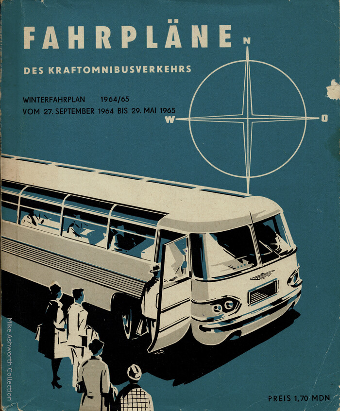 The rather fine cover to the encyclopaedic bus and coach timetables for the GDR in winter 1964/65. It is very much in the style of Socialist Modernism. Produced in association with the railways, the Deutsche Reichsbahn, it was published by the “Buchdienst Berlin Versandbuchhandlung des Berliner Volksbuchhandels”.