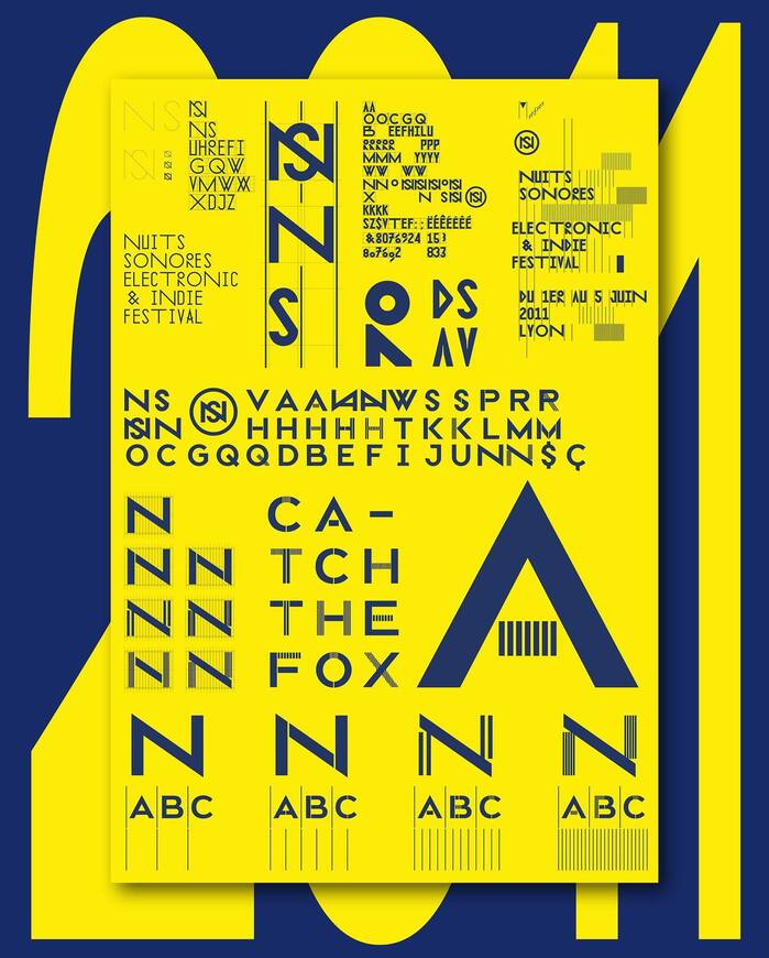 Samples of the (then in-progress) custom typeface as well as the NS logotype derived from it