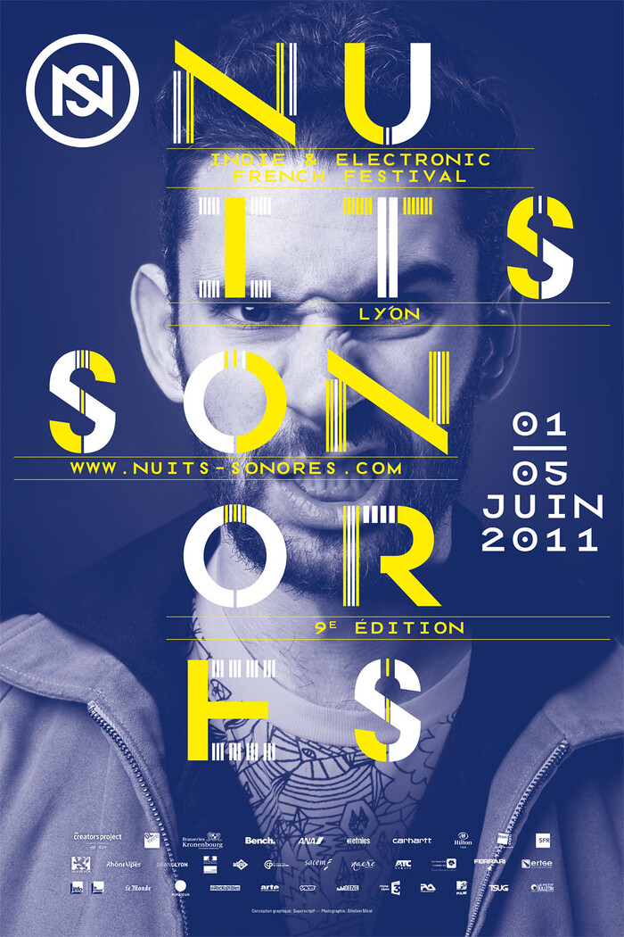 2011 poster with a duotone photograph of a festival-goer