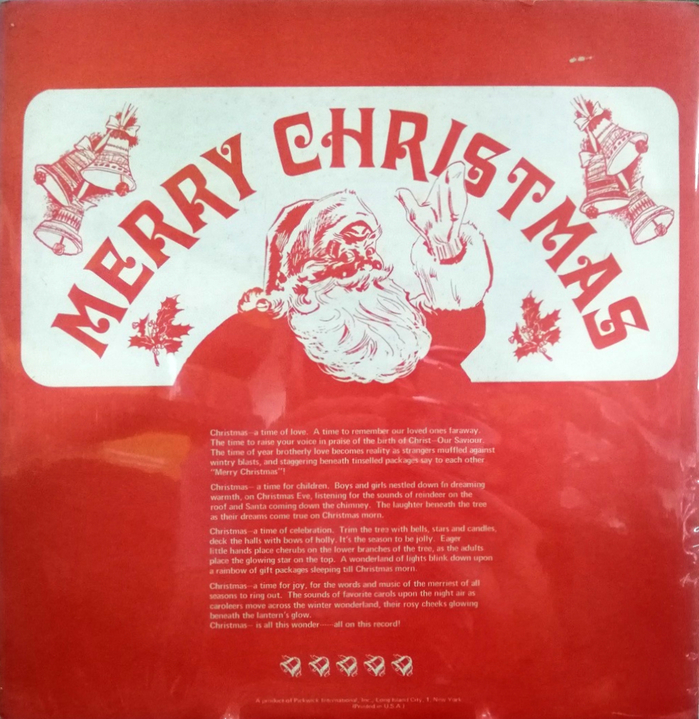 The back cover features an early use of , set on a curve (see another Christmas-themed use of Davida also from 1967). The copy appears to be set in the Selectric adaptation of .