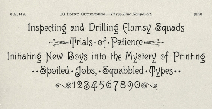18 point Gutenberg with ornaments from Combination Border, Series 97 as shown in a specimen from around 1892