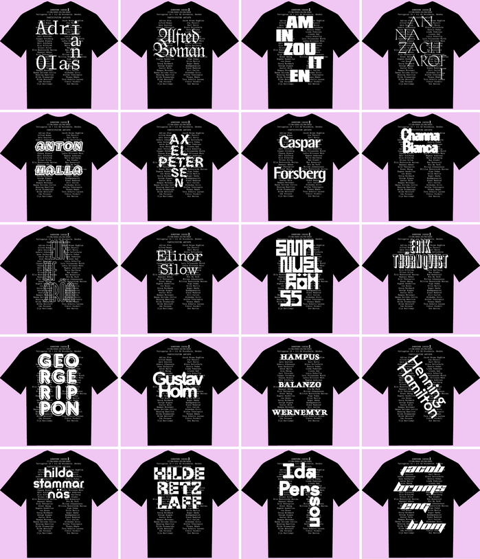 For DOWNTOWN ISSUES 2 in September 2023, one T-shirt with a typographic identity was designed for each participating artist printed in a single copy only. Seen here is a selection of the almost 70 T-shirts in total.