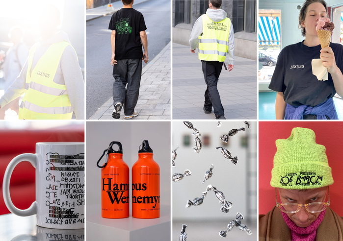 For most of the shows, merchendise has been made in order to promote the shows with and to the local community and scene that ISSUES is part of. Reflective wests for Henning Hamilton using , gym bottles for Hampus Wernemyr in , hats for Zoe Barca in , and candy, T-shirts and mugs in .
