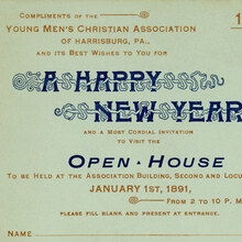 Happy New Year greeting and YMCA Open House invitation, Harrisburg, Pennsylvania, 1891