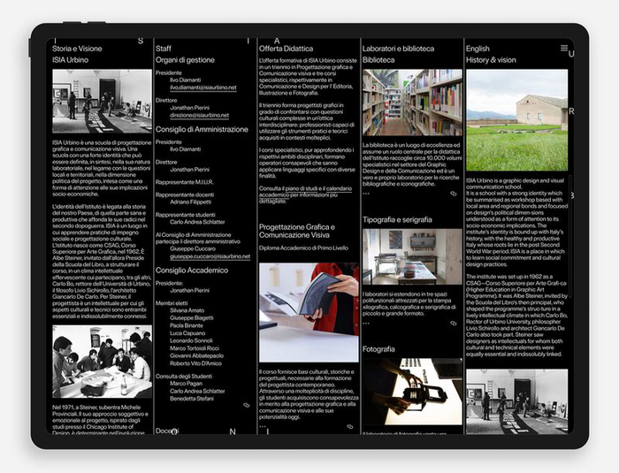 The institutional info about the school&rsquo;s history, its organization, staff, workshops etc. is presented in white on black.