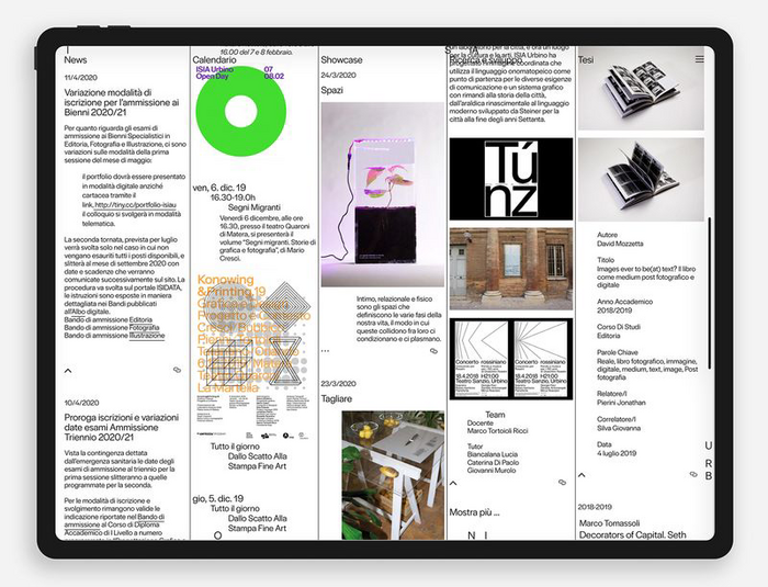 Website with news, events, showcases and more, arranged in five columns. The letters that make up the school&rsquo;s name wrap around the margin, serving as a toggle to access the institutional information.