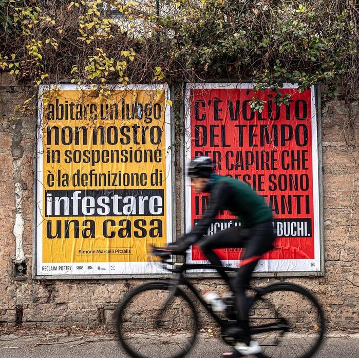 Reclaim Poetry, January 2024. Two posters, each with a quote. On the left a quaote by Simone Marcelli Pitzalis: “inhabiting a place not ours in suspension is the definition / of haunting a home”. On the right, words from Arundhathi Subramaniam: “It took some time / to realize that /poems are important / Because they have holes in them”.