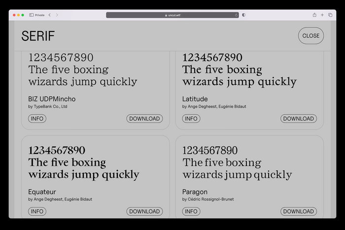 Serif section contents include typefaces such as ,  and .