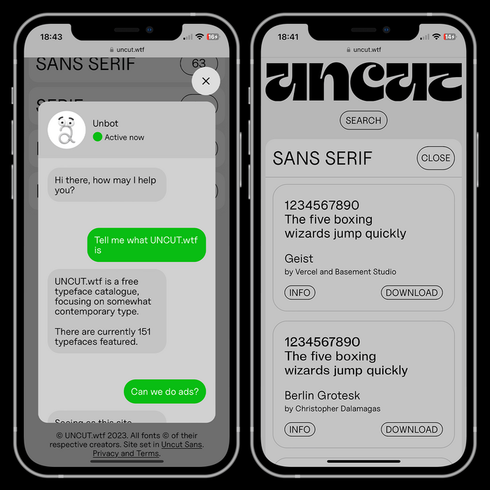 A mobile preview of Unbot chatbot providing automated responses. On the right, the Sans Serif section showcasing ’ .