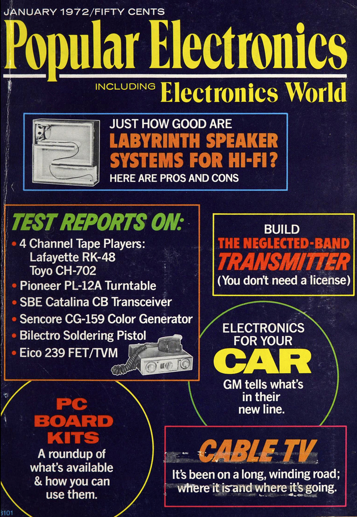 In January 1972, Electronics World (until 1959: Radio &amp; Television News) was merged into Popular Electronics. The process started in the summer of 1971 with a new editor, Milton S. Snitzer, replacing the longtime editor, Oliver P. Ferrell. This is the cover of Popular Electronics including Electronics World, vol. 1, no. 1. The double name was abandoned again in January 1974. Additional typefaces include  and .