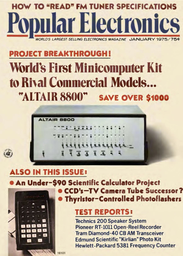 Vol. 7, no. 1 from January 1975 is arguably the most famous issue. From Wikipedia:


[It] had the Altair 8800 computer on the cover and ignited the home computer revolution. Paul Allen showed that issue to Bill Gates. They wrote a BASIC interpreter for the Altair computer and started Microsoft.


The secondary typefaces are  and .