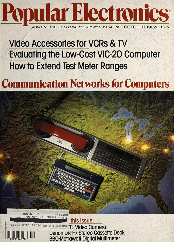 Vol. 20, no. 10 from October 1982 was the last issue under the name Popular Electronics. Content teasers are set in . The letterforms of Trooper Roman aren’t squooshed as in the previous issues.