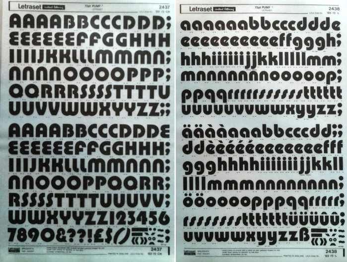 Letraset instant lettering sheets with the uppercase letters and numerals (2437) and the lowercase letters (2438) of 72pt Pump