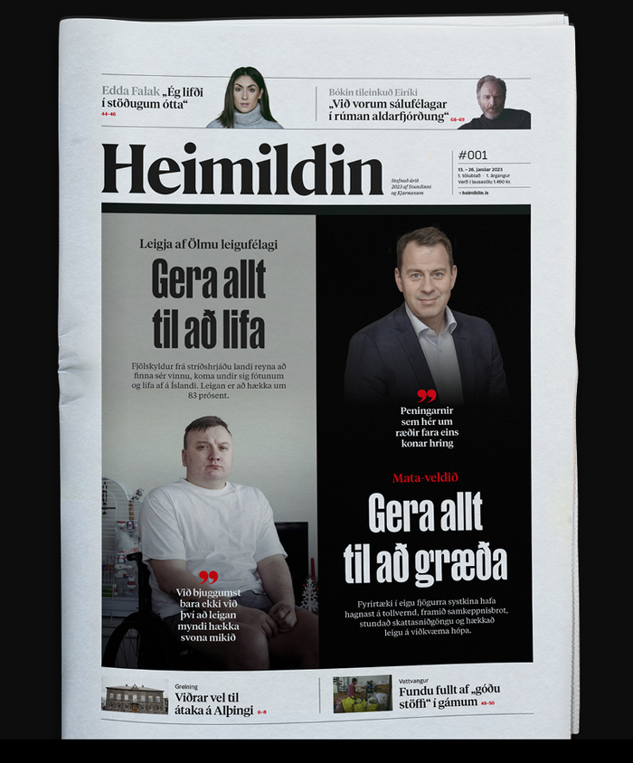 Front page of the first print issue of Heimildin from 13 January 2023